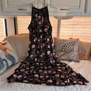 Floral Maxi Dress Sz M Black Pink Lined Flowy Indie A-Line Cottagecore Feminine